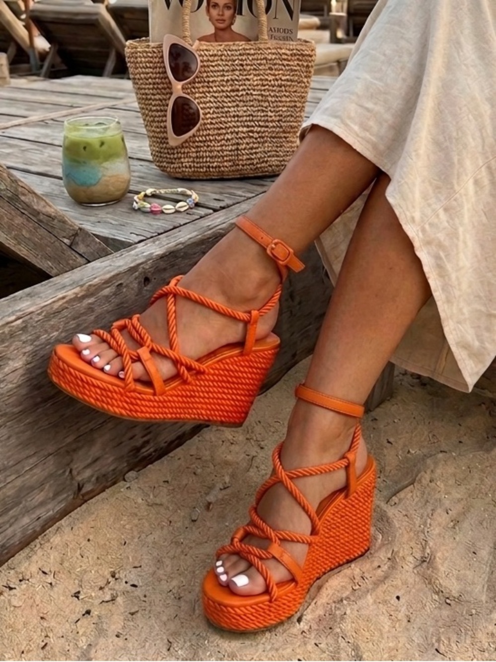 GUESS Womens Orange Rope Platform Natesha Round Toe Wedge Heeled Sandal Sz. 7.5